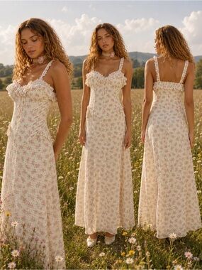 For Love & Lemons White Lace Maxi Dress with Pink  Floral size XL
